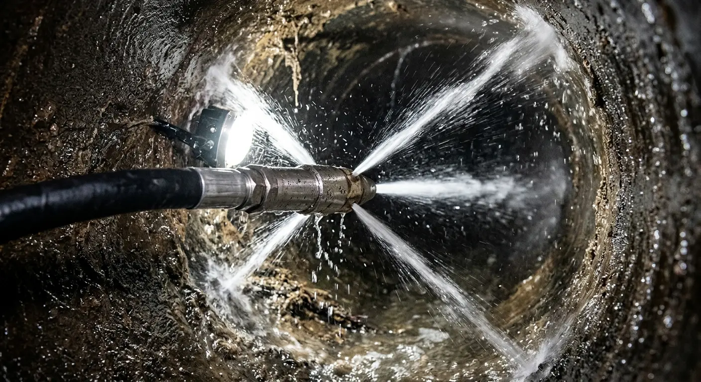 High-pressure hydro jetting nozzle cleaning sewer pipe for Trenchless Sewer Repair in Alderwood Manor