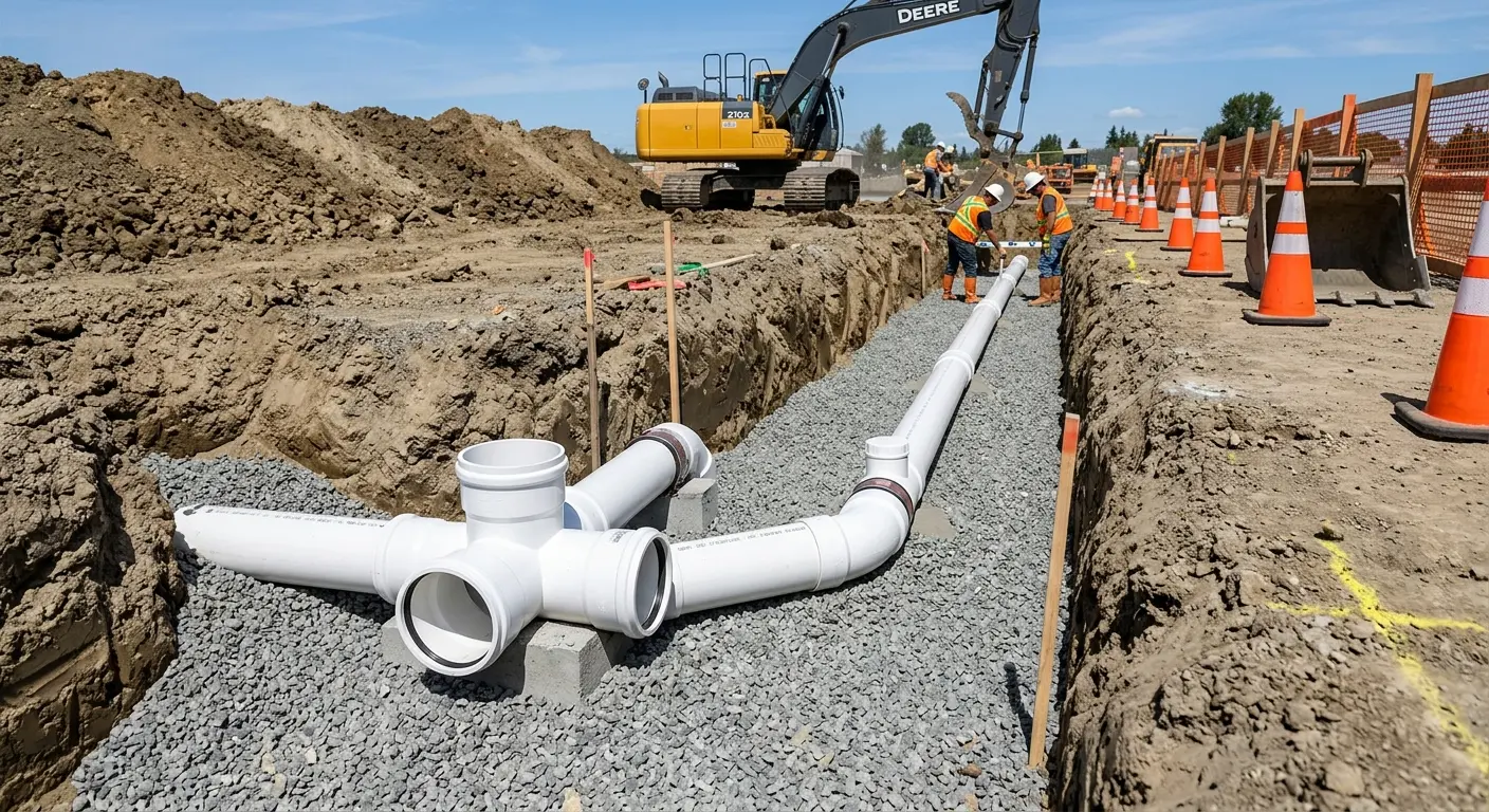 New PVC sewer pipe installation in open trench for Commercial Drain Cleaning in Alderwood Manor