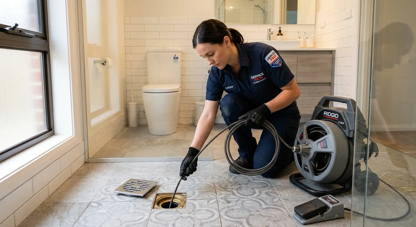 Technician clearing a bathroom floor drain for Sewer Line Replacement in Alderwood Manor